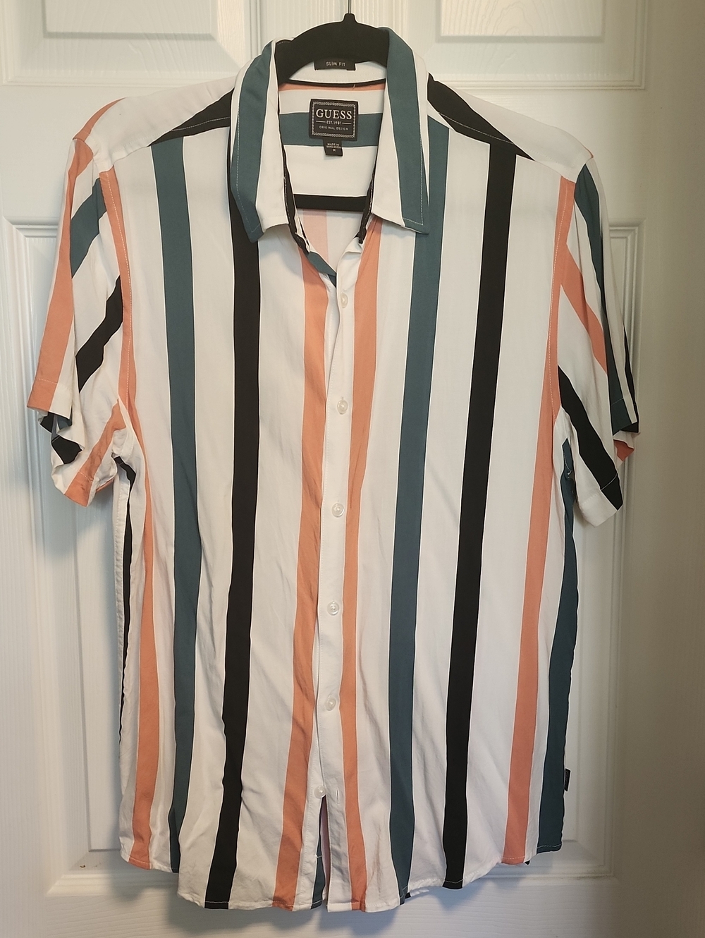 GUESS Men's White Multi-Stripe Short Sleeve Shirt